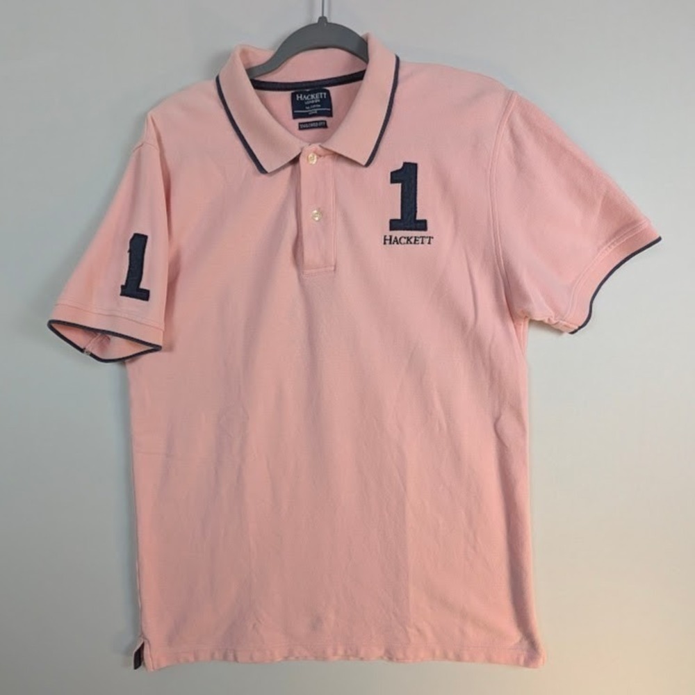Hackett London Polo Shirt Mens L Pink Navy Pique Tailored Fit Number 1 Sporty